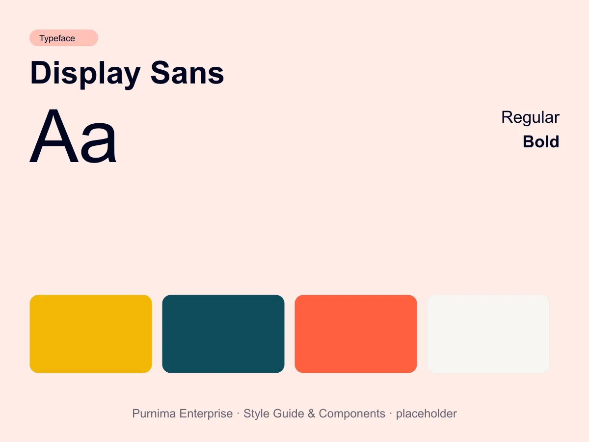 Style guide showing the Inter Display typeface, font weights and the saffron, deep teal and warm white colour palette